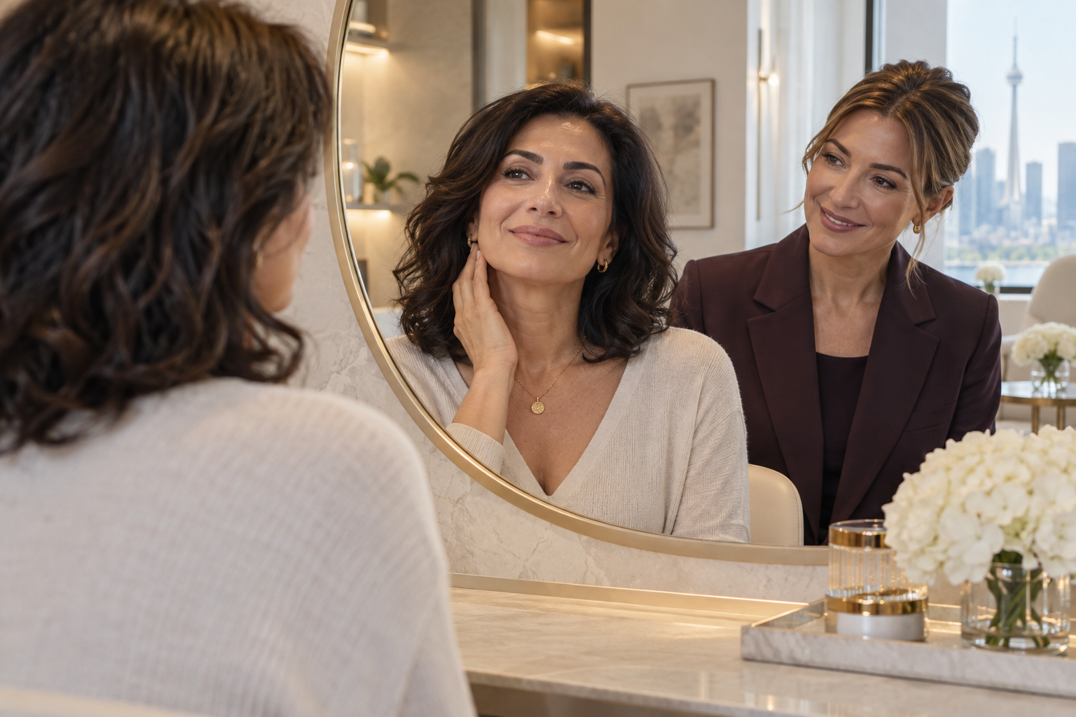 A client exploring her goals with an aesthetic advisor at the mirror